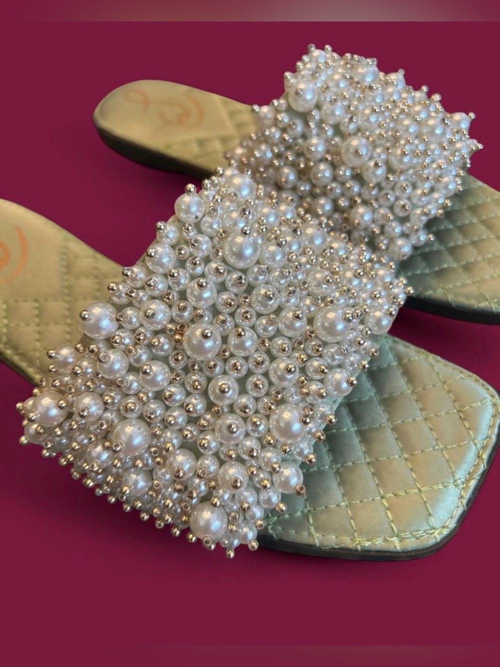 Sam Edelman Elijah Slide Sandals. Faux-pearls, quilted pistachio green foot bed